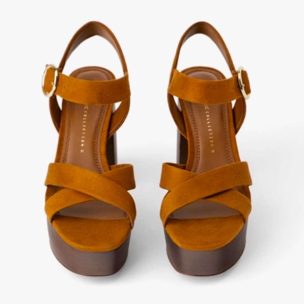 Zara Natural Wood Heeled Platform Sandal -Size 7